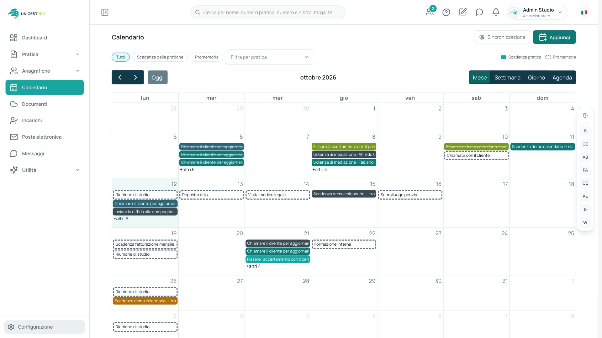 Calendario dello studio con le scadenze di tutte le pratiche.