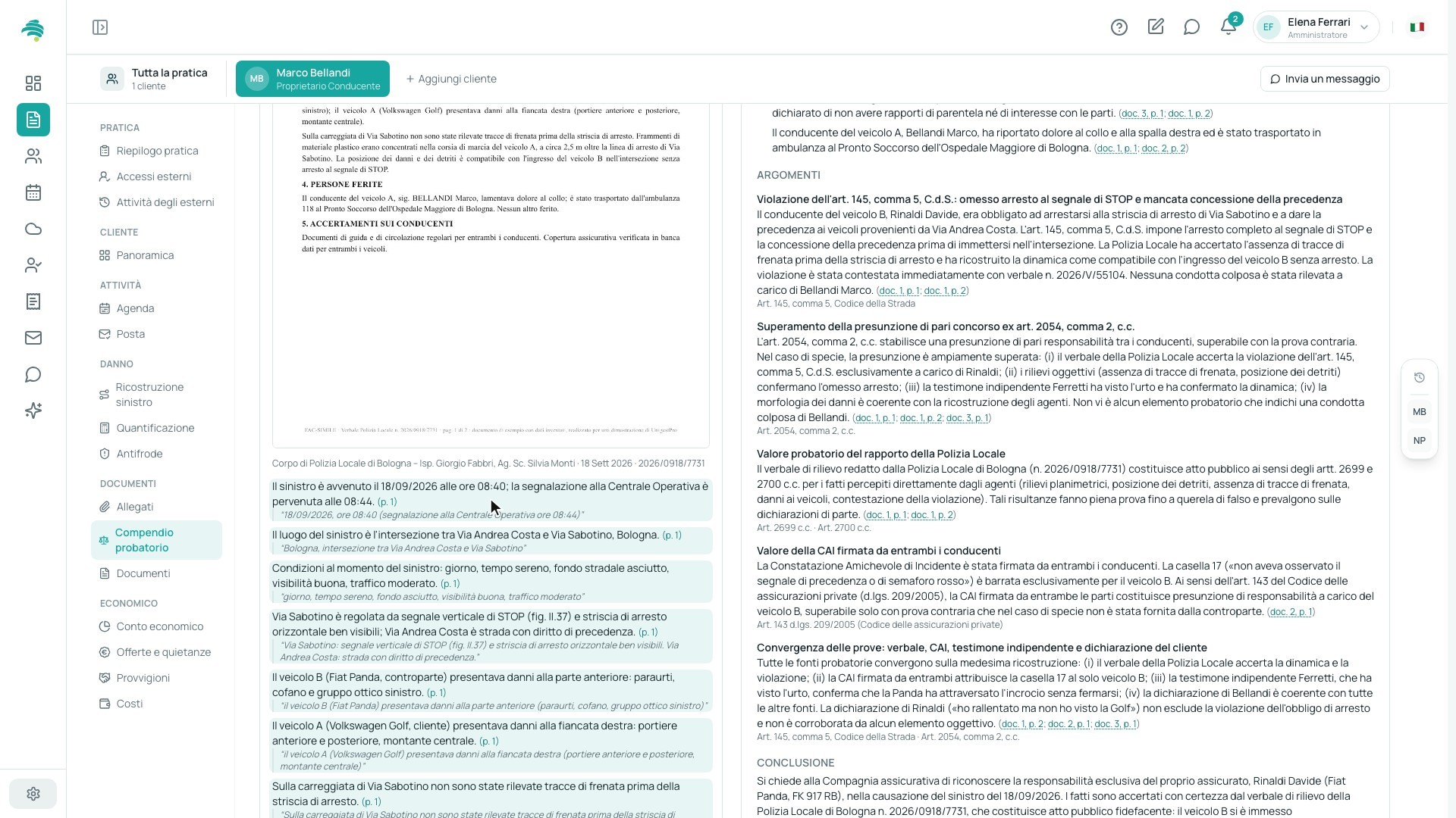 Fonte aperta dal compendio probatorio: la pagina del verbale della Polizia Locale accanto agli argomenti della relazione con i riferimenti a documento e pagina.