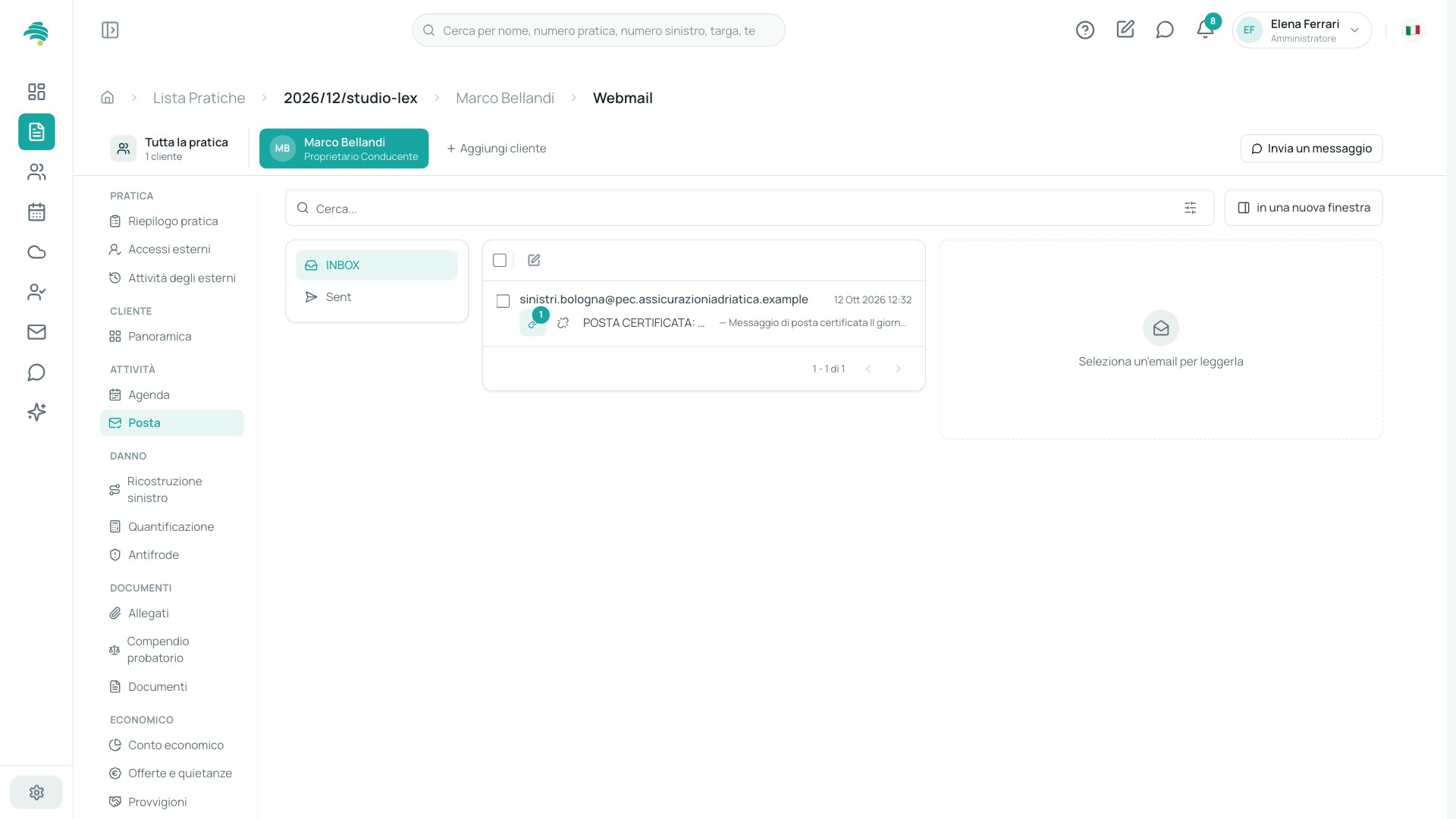 Posta della posizione: messaggi email e PEC agganciati alla pratica, con mittente, oggetto e allegati.
