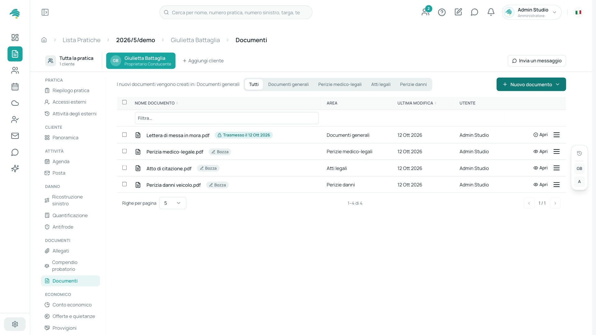 Documenti della posizione creati dai modelli dello studio, pronti da aprire nell’editor.