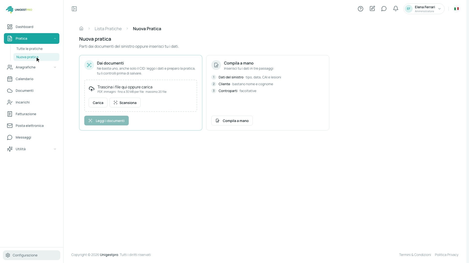 Nuova pratica in UnigestPro: si può partire dai documenti del sinistro, trascinandoli nell’area di caricamento, oppure compilare a mano in tre passaggi.