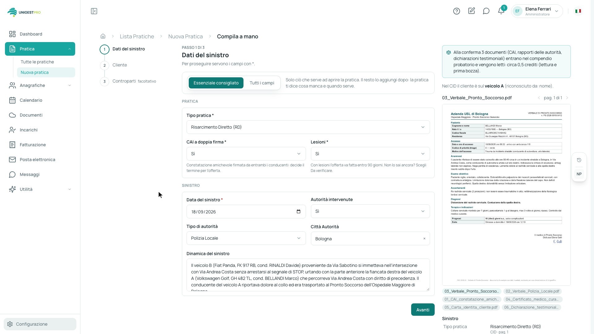 Proposta della nuova pratica: tipo di pratica, CAI a doppia firma, lesioni, data, autorità intervenute e dinamica proposti dai documenti, accanto all’anteprima del documento da cui provengono.