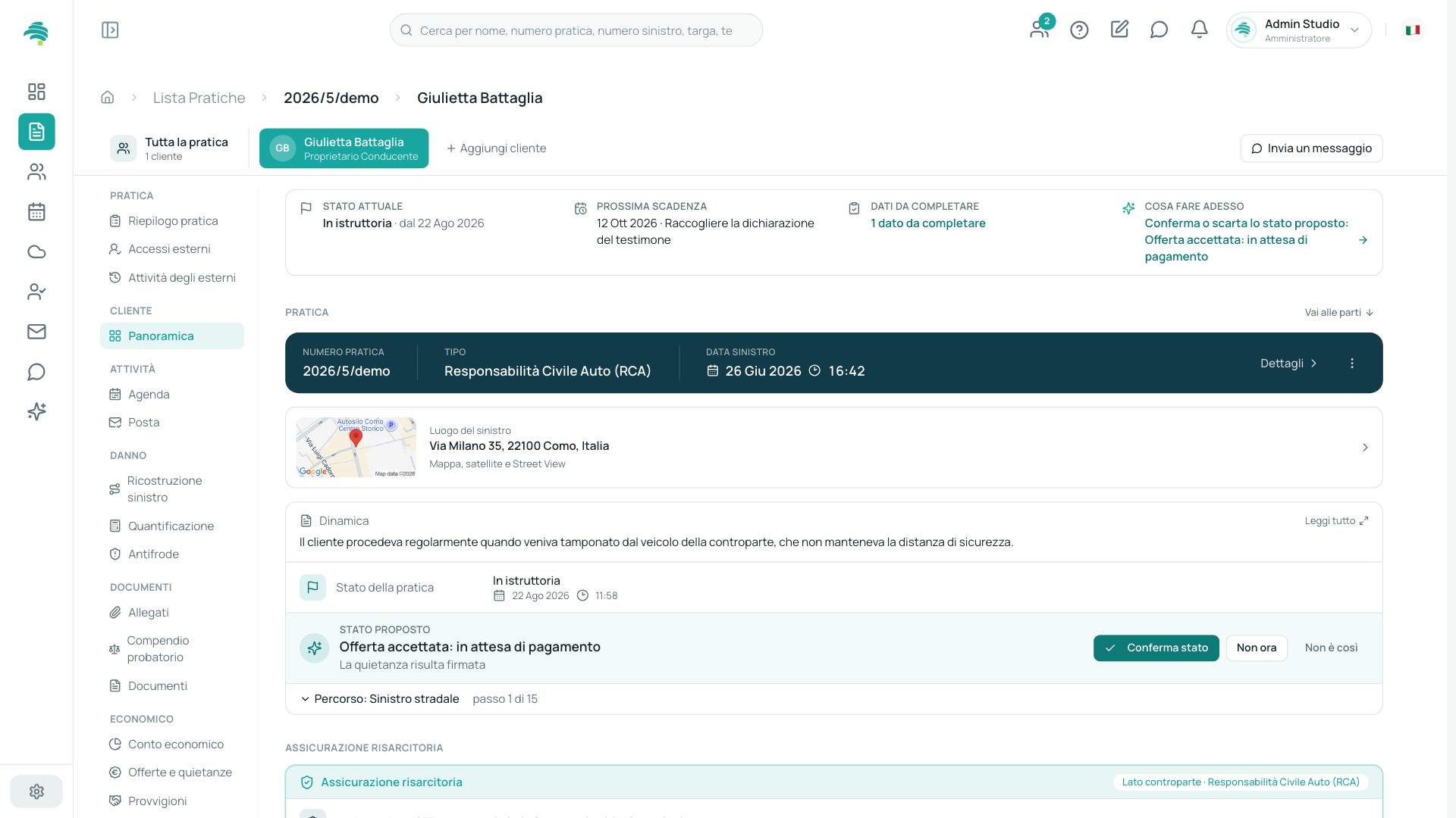 Riepilogo di una pratica di risarcimento diretto in UnigestPro: stato attuale, prossima scadenza, dati da completare, cosa fare adesso, numero di pratica, data e luogo del sinistro, dinamica.
